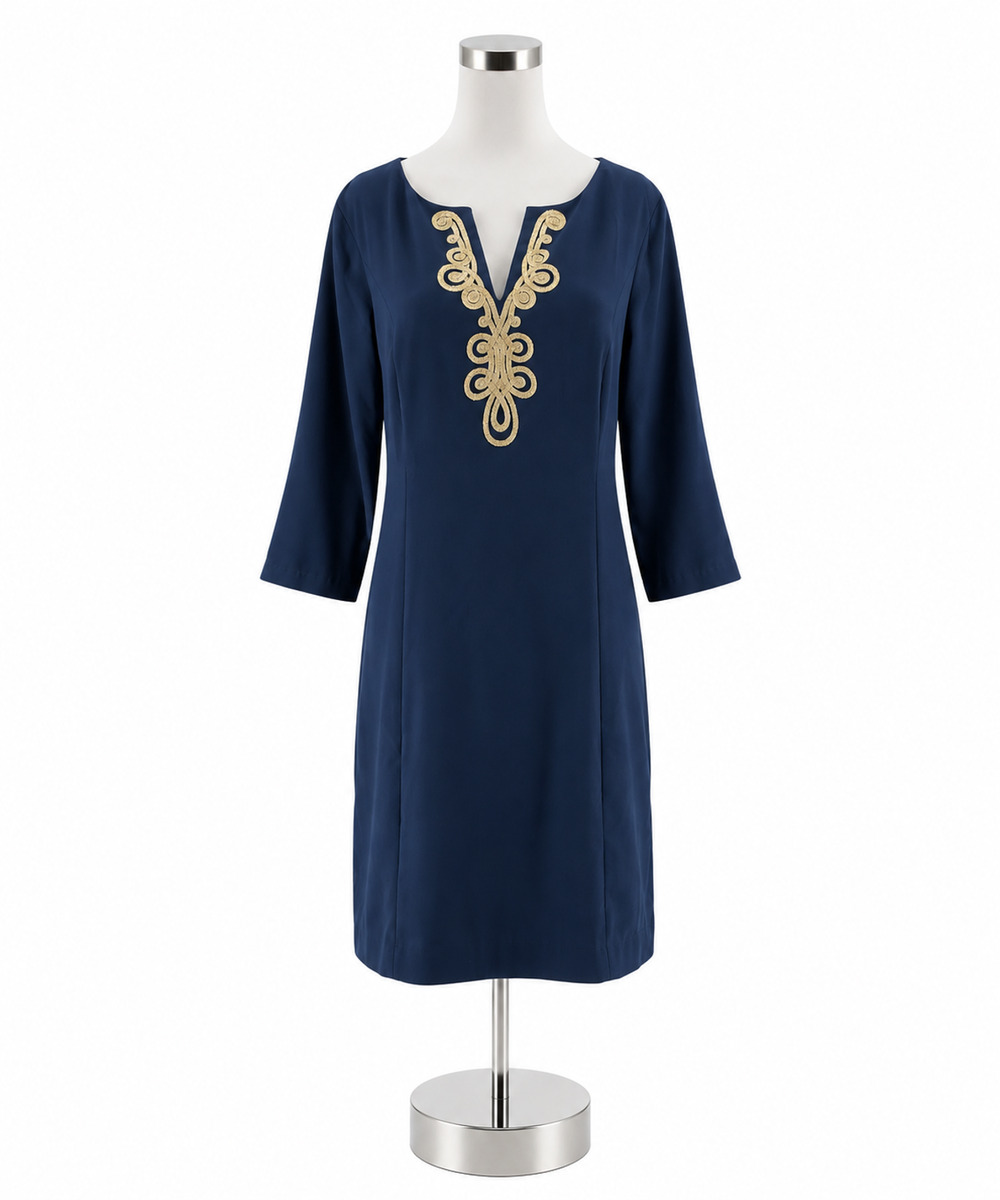 Lilly Pulitzer Kade Dress Navy Gold Embroidered Shift Size 16 NWT